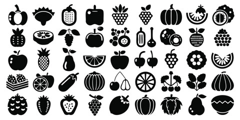 Fototapeta premium Diverse Selection of Black and White Fruit and Vegetable Icons Displaying Various Shapes and Textures in a Neat Grid Arrangement