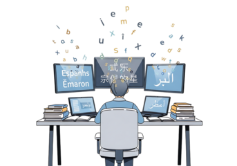 Person learning multiple languages on computers with multilingual text and letters floating, isolated on transparent background