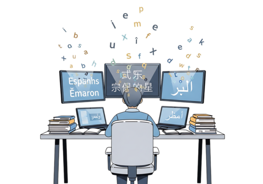 Person learning multiple languages on computers with multilingual text and letters floating, isolated on transparent background