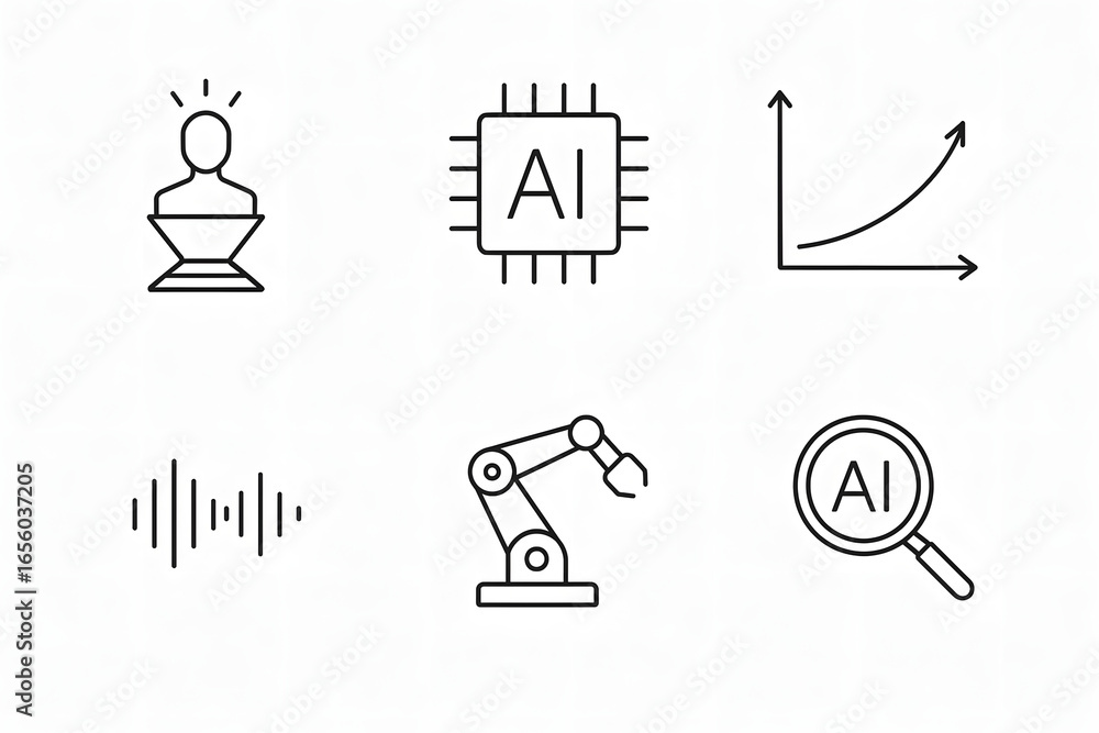 Poster ai and tech icon set: a collection of simple line icons representing artificial intelligence and tec