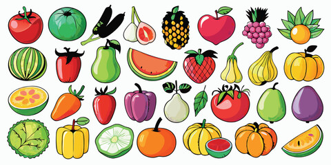 Vibrant Assortment of Cartoon Fruits and Vegetables An Abundance of Fresh Produce for Healthy Eating and Colorful Visual Appeal