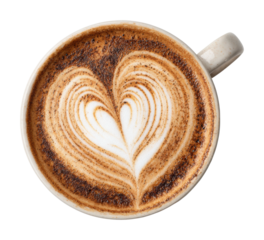 Pouring heart latte coffee shop beverage top view isolated on transparent background