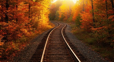 Fototapeta premium Autumnal Railroad Curves Through a Vibrant Forest Canopy