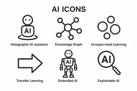AI Icon Array: A curated collection of AI icons, artfully designed to embody the essence of artificial intelligence, and its diverse applications. showcasing the future of technology.