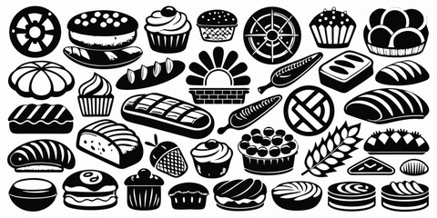 Monochrome Bakery Delights An Assortment of Breads Cakes and Pastries Showcasing a Variety of Shapes and Styles in Black and White