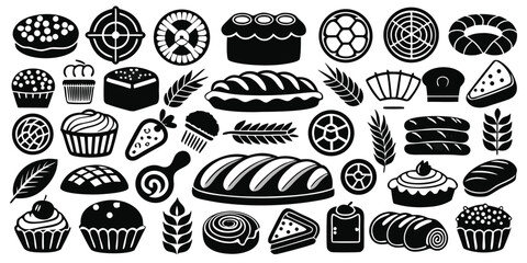Bakery Delight A Whimsical Collection of Breads Pastries and Treats Depicted in Black and White Silhouette Style Illustrations