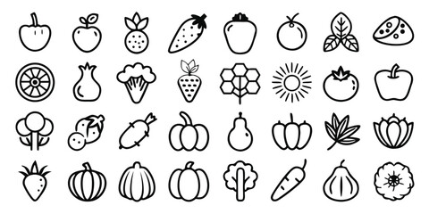 Assorted Black and White Line Art Icons Featuring Fruits Vegetables and Flowers for Nature Based Design and Illustration