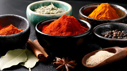 pile of international spices, herbs, grains, and food items in colorful bowls