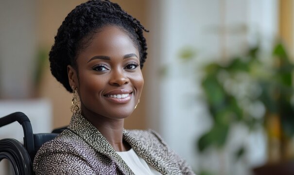 Smiling disabled African American businesswoman in a wheelchair attending an inclusive work meeting, demonstrating professional achievements, Generative AI - Powered by Adobe