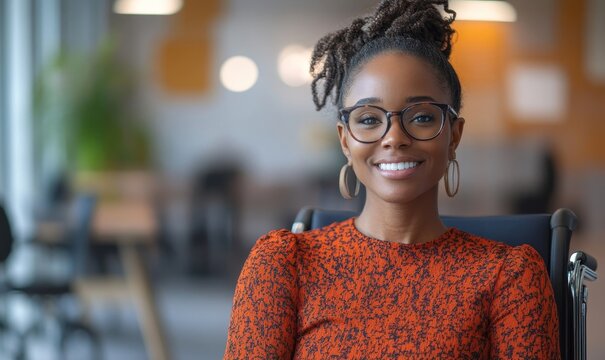 Smiling disabled African American businesswoman in a wheelchair attending an inclusive work meeting, demonstrating professional achievements, Generative AI
