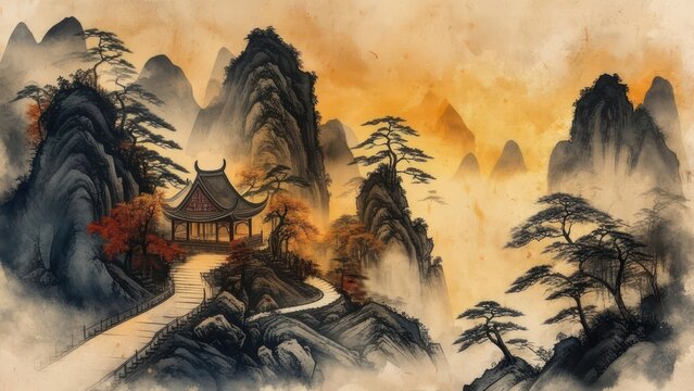 Misty mountain landscape with pavilion
