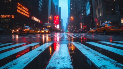 Fototapeta premium City Street with Yellow Taxis and Crosswalk on Rainy Night