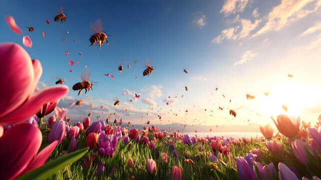 meadow with blooming flowers, green grass, and bees flying around under soft sunlight