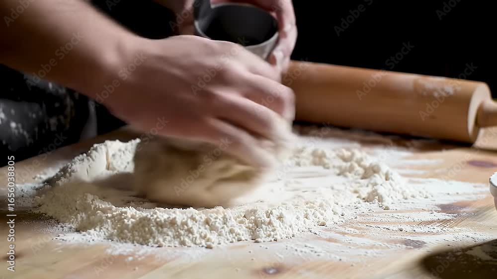 Aufkleber chef mixing dough with flour and water on wooden table in dim light displaying kneading technique wi