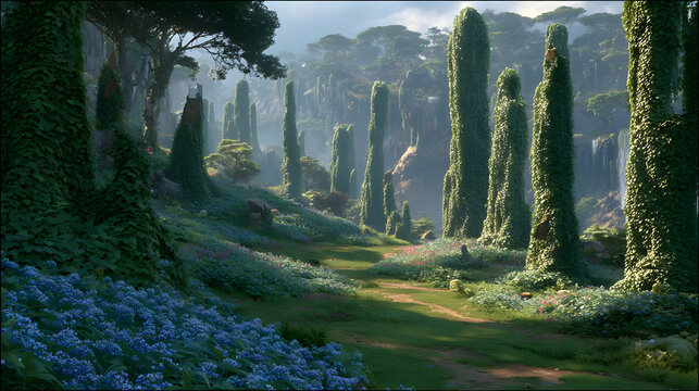 tropical rainforest with layers of foliage, vines, and dappled sunlight on the forest floor