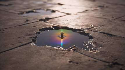 hairline cracked copper pipe in a dark basement releasing fine water spray illuminated by flashlight beam moisture particles suspended high contrast realism illustration concept scene visual for comme