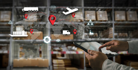 IoT smart logistics concept with a person using a tablet to track global shipping routes and supply chain data, integrating trucks, ships, and planes for efficient, connected,