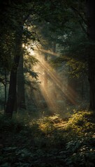 Sunlight Rays Shining Through Trees in a Peaceful Forest