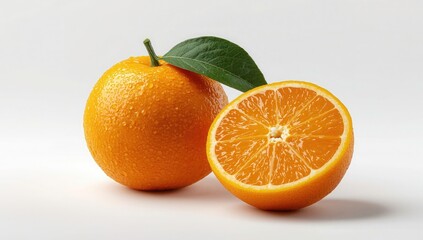 Fresh Ripe Orange with Leaf and Juicy Half Cut on White Background