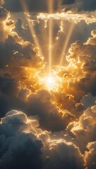 Golden Sun Rays Breaking Through Dramatic Clouds in the Sky