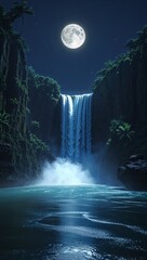 Majestic Moonlit Waterfall at Night – Nature Landscape Photography