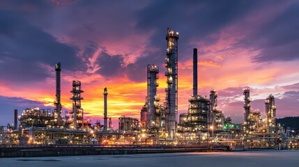 Fototapeta premium A brightly lit factory stands against the warm glow of the horizon during a beautiful dusk.