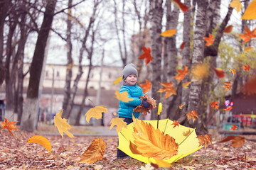 A boy with an umbrella and autumn leaves falling in the park on a walk
