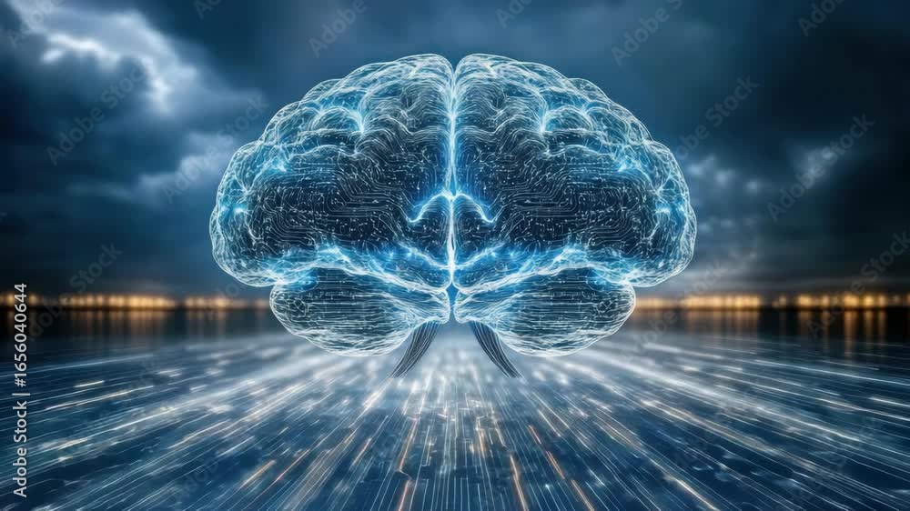 Poster futuristic digital brain with glowing circuits showcasing advanced technology and intelligence