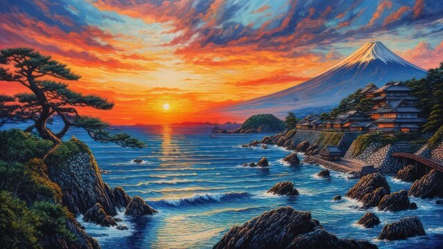 Coastal Sunrise with Mountain
