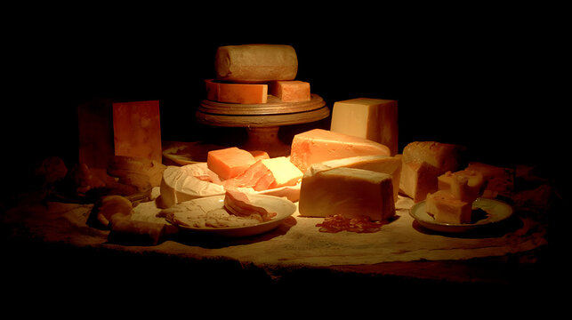 moody still life of random food items arranged artfully with dramatic shadows