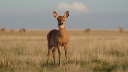 Young deer standing in tall grass field, calm atmosphere, natural daylight, open landscape