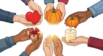 Multiple hands holding various items like a heart, pumpkins, a gift, and a candle, isolated on transparent background