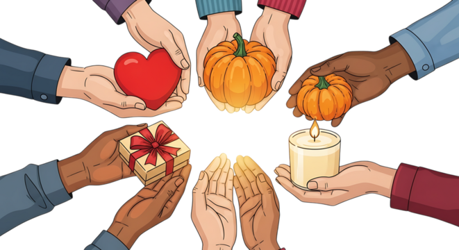 Multiple hands holding various items like a heart, pumpkins, a gift, and a candle, isolated on transparent background - Powered by Adobe