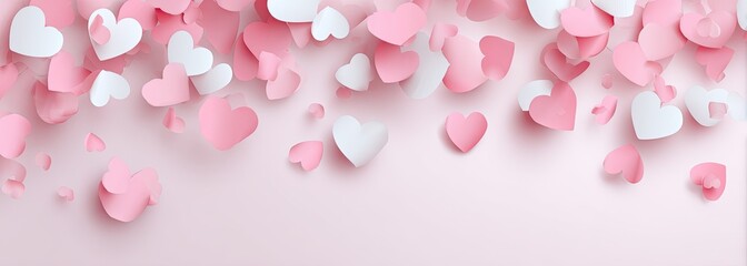A light pink background is dotted with many small, slightly overlapping, paper hearts in shades of pink and white