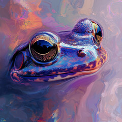 A vibrant frog with iridescent skin partially submerged in colorful water close up portrait view