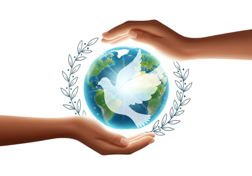 Hands protecting the earth with a dove and laurel wreath isolated on transparent background