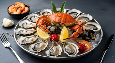 Exquisite seafood platter featuring a vibrant crab, freshly opened oysters, succulent shrimps, and zesty lemon wedges served on a bed of crushed ice for a luxurious dining experience