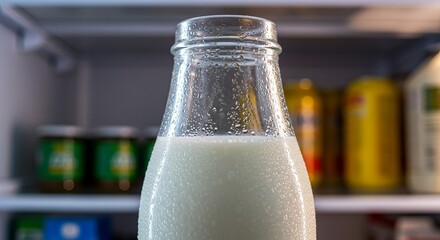 Close-up of a glass milk bottle inside a refrigerator, showing condensation and blurred items on the shelves behind.