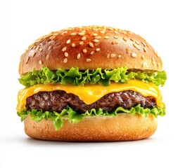 Close-up of a classic cheeseburger on a white background