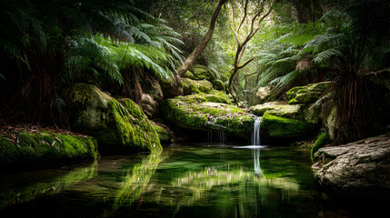 waterfall cascading down moss-covered rocks into a crystal-clear pool surrounded by ferns