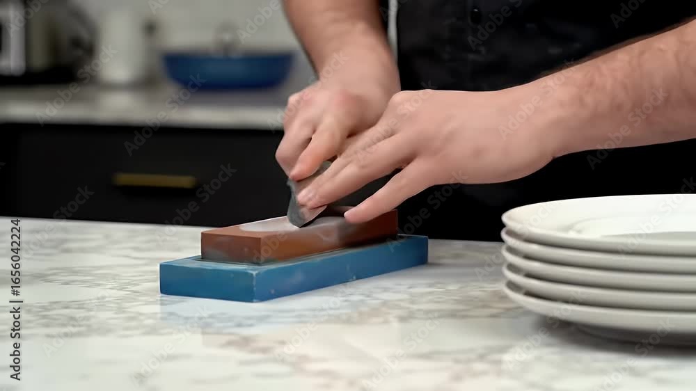 Poster chef sharpening knife on whetstone in kitchen setting with granite countertop and stacked plates in 