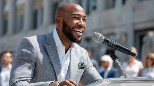 Inspiring Orator's Speech: A charismatic speaker, stands confidently at a podium, engaging his audience with a captivating discourse, radiating charm and eloquence in the open air.