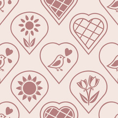 Seamless pattern of stylized hearts with birds sunflowers and tulips love