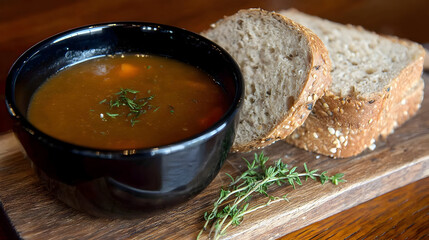 of lentil soup with herbs and a slice of multigrain bread on the side