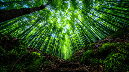 bamboo forest with narrow paths, filtered sunlight, and soft green tones