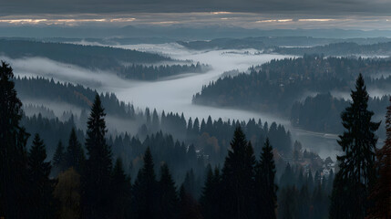Obraz premium mountain ridge at dawn with silhouette trees and soft layers of clouds below