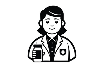 Smiling Female Doctor Holding Medicine Jar Icon on White Background
