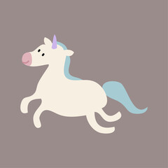 Cute Cartoon Unicorn with Blue Mane and Tail on Purple Background