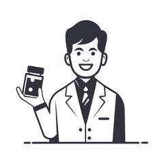 Smiling Doctor in Lab Coat Holding Pill Bottle on White Background