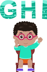 happy cute little kid studies alphabet letter G H I